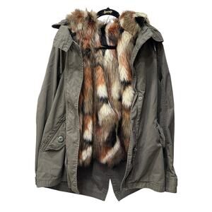 American Eagle Outfitters Olive Utility Jacket with Faux Fur Lining